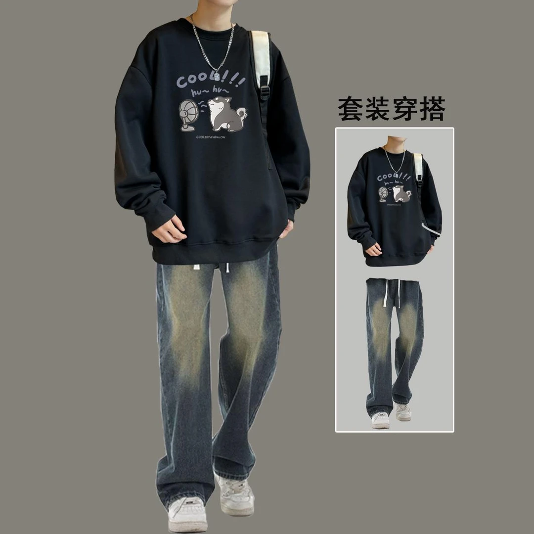 秋冬季潮流加绒卫衣套装男美式痞帅一套搭配高街牛仔裤学生两件套