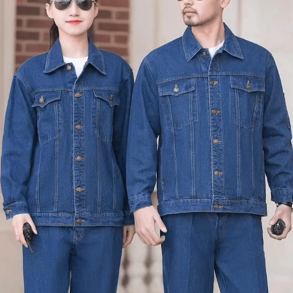 秋冬款牛仔工作服套装男春秋冬款纯棉加厚电焊工劳保工装防烫耐磨