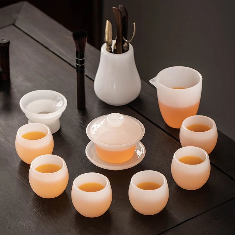 2024新款白玉琉璃功夫茶具套装家用高档泡茶壶玉瓷盖碗办公送礼盒