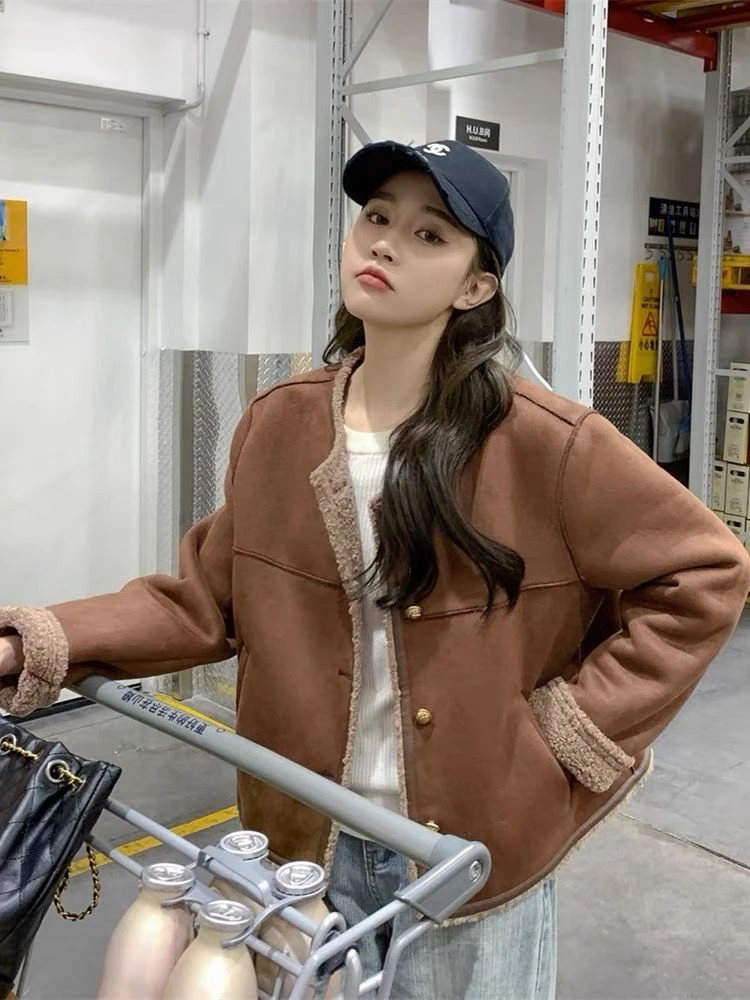 2023秋冬新款羊羔毛美拉德外套女短款皮毛一体小个子上衣