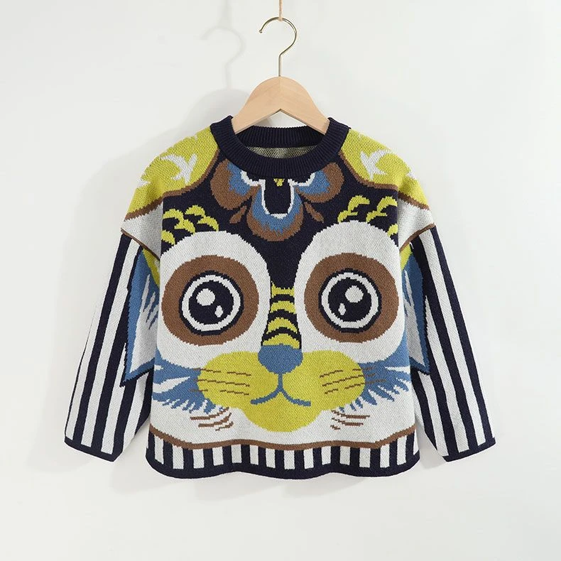 儿童毛衣国潮风男童针织衫加绒加厚潮2023新款中大童宽松套头线VH