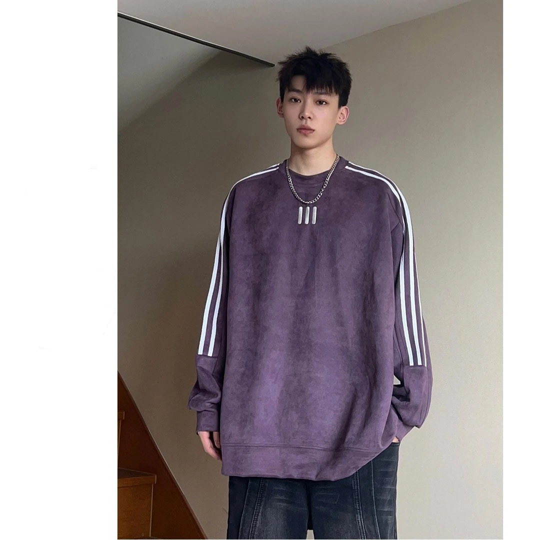 秋冬保暖卫衣男士拼接美式复古风休闲长袖圆领上衣宽松梅紫色衣服