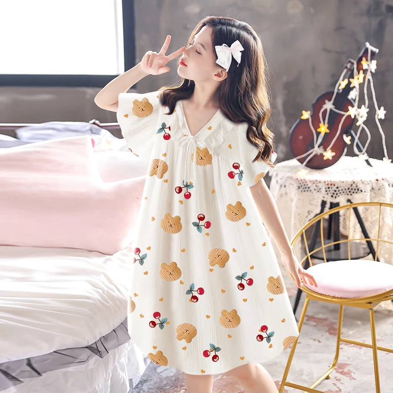 儿童睡衣女孩夏天公主风潮款网红中大童可爱薄款短袖纯棉女童睡裙