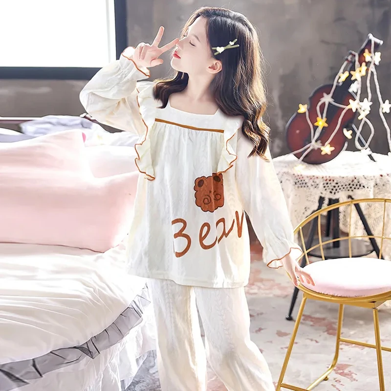 春夏女童长袖睡衣套装可爱公主风中大童空调小女孩卡通纯棉家居服