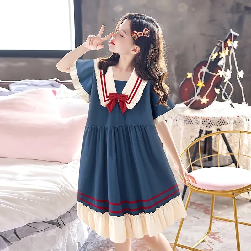 女童睡裙夏纯棉薄款短袖大童睡衣可爱公主风儿童亲子莫代尔家居服