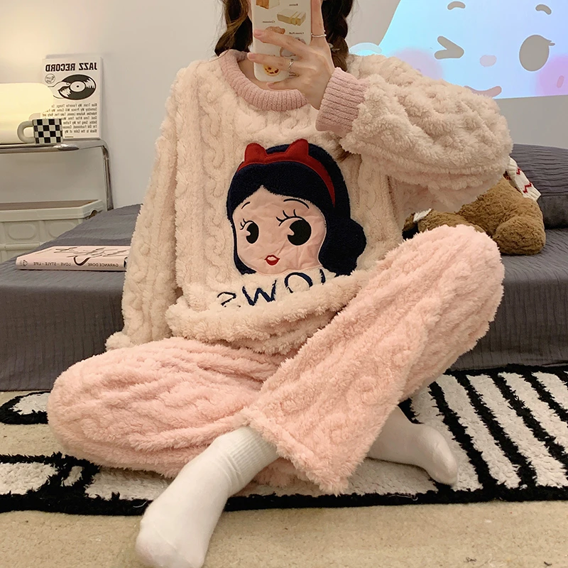 睡衣女秋冬珊瑚绒卡通套装冬天法兰绒加绒加厚款保暖家居服