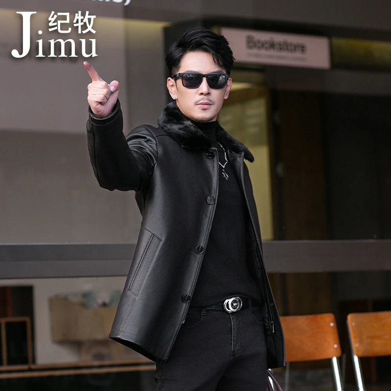 海宁新款真皮皮衣男高端鹿皮羽绒服商务皮夹克水貂毛领中老年外套