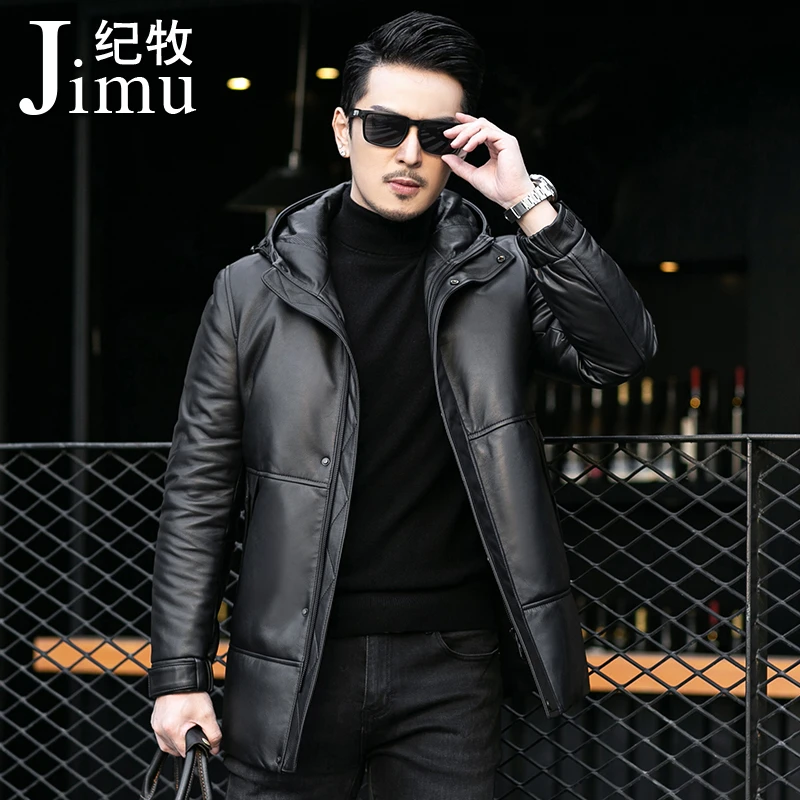 纪牧2025冬海宁真皮羽绒服男中长款连帽绵羊皮加绒加厚叠穿秋冬装