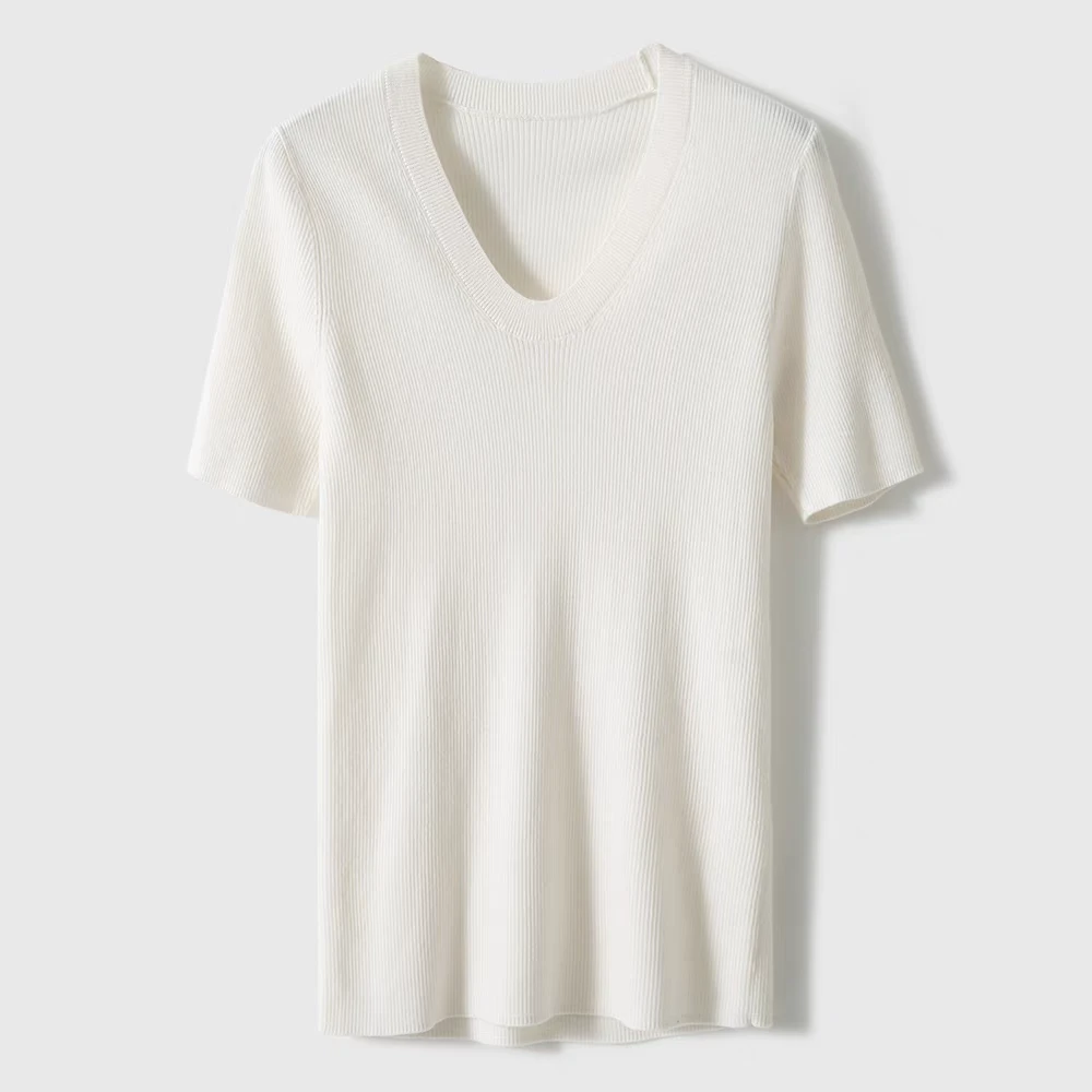 经典版 精纺120支扬子纱纯羊毛鹅蛋领小坑条半袖女