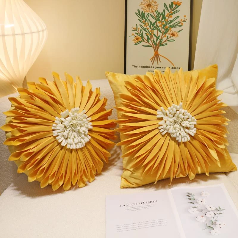 黄色花朵造型抱枕家居软装布艺靠枕飘窗时尚大花靠垫圆形枕套现代