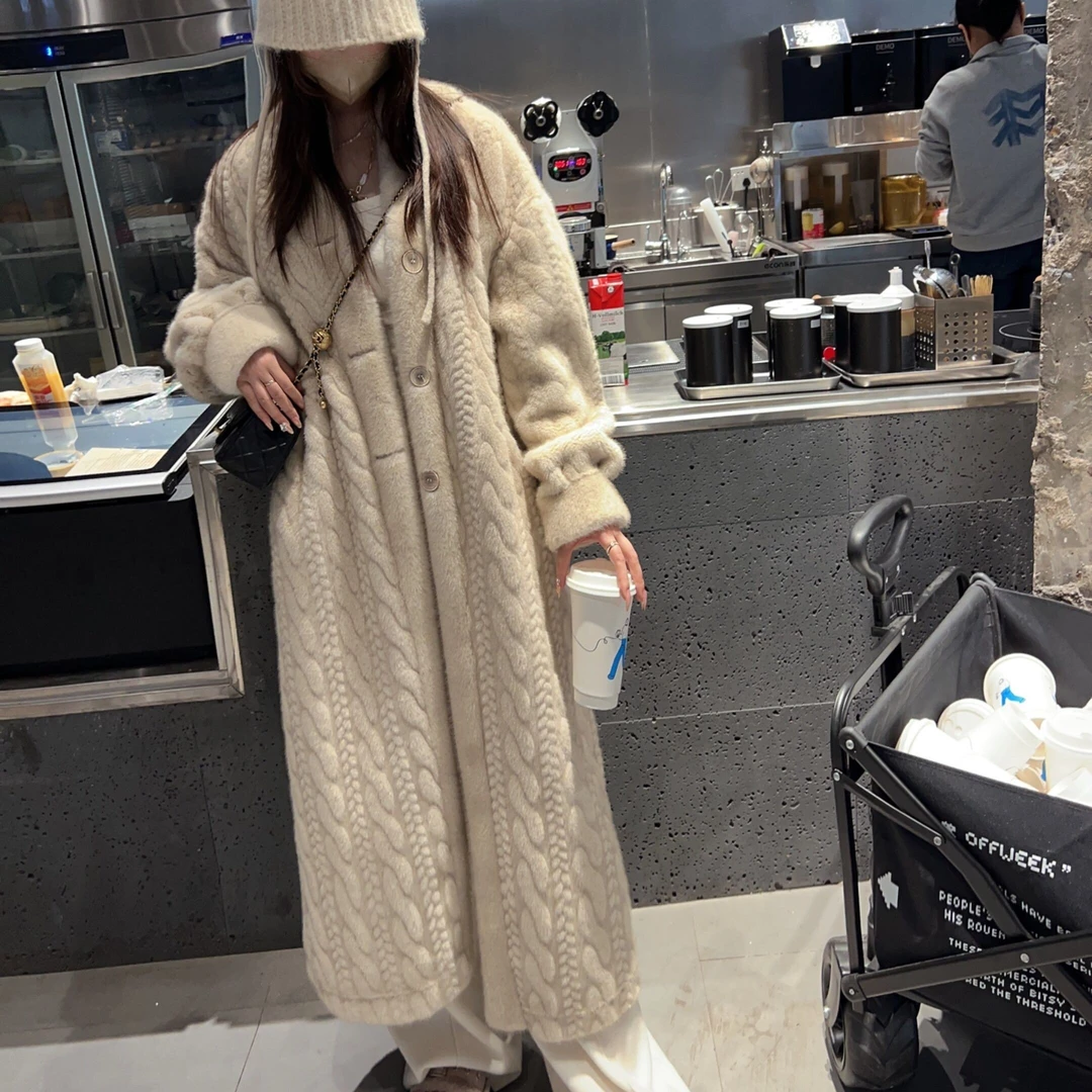 冬季加厚女长款毛绒绒麻花开衫环保毛毛毛茸茸外套大衣毛绒外套