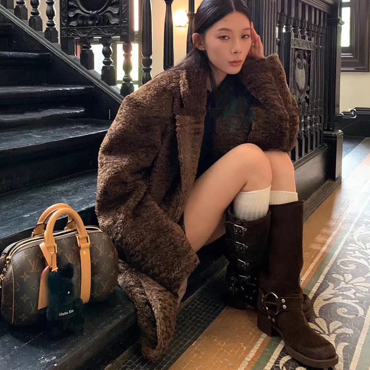 爆款2023新款冬季黑色系西装领棉服中长款环保毛毛绒外套女潮