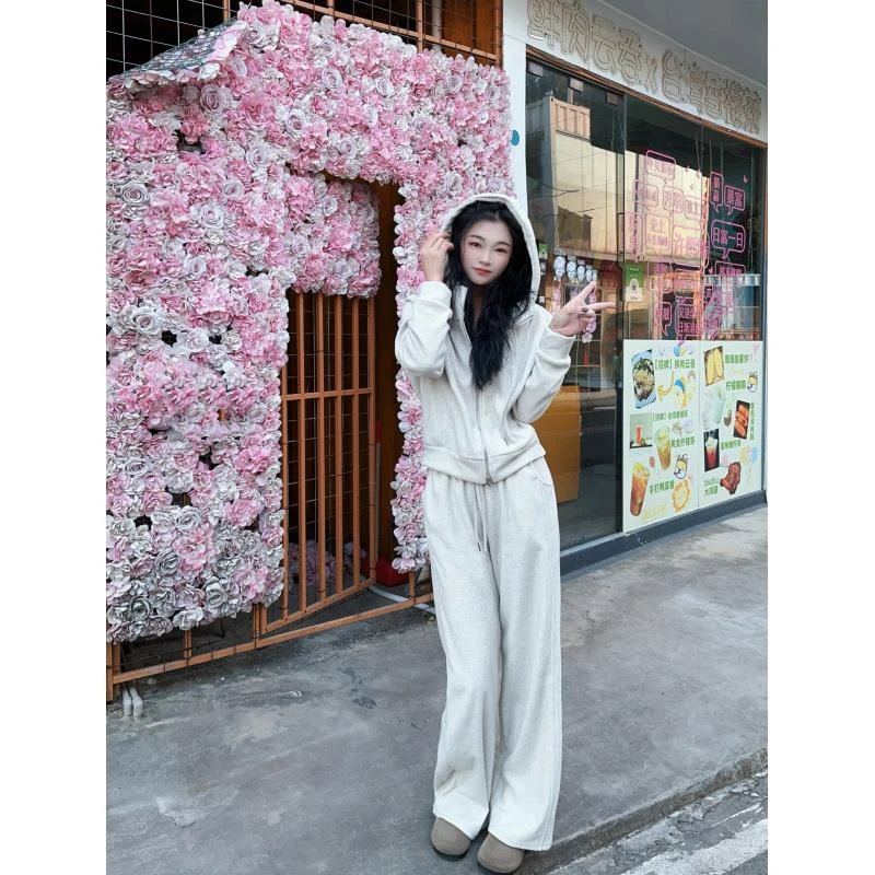 加绒加厚休闲运动套装女冬季韩版高级感连帽开衫长裤两件套