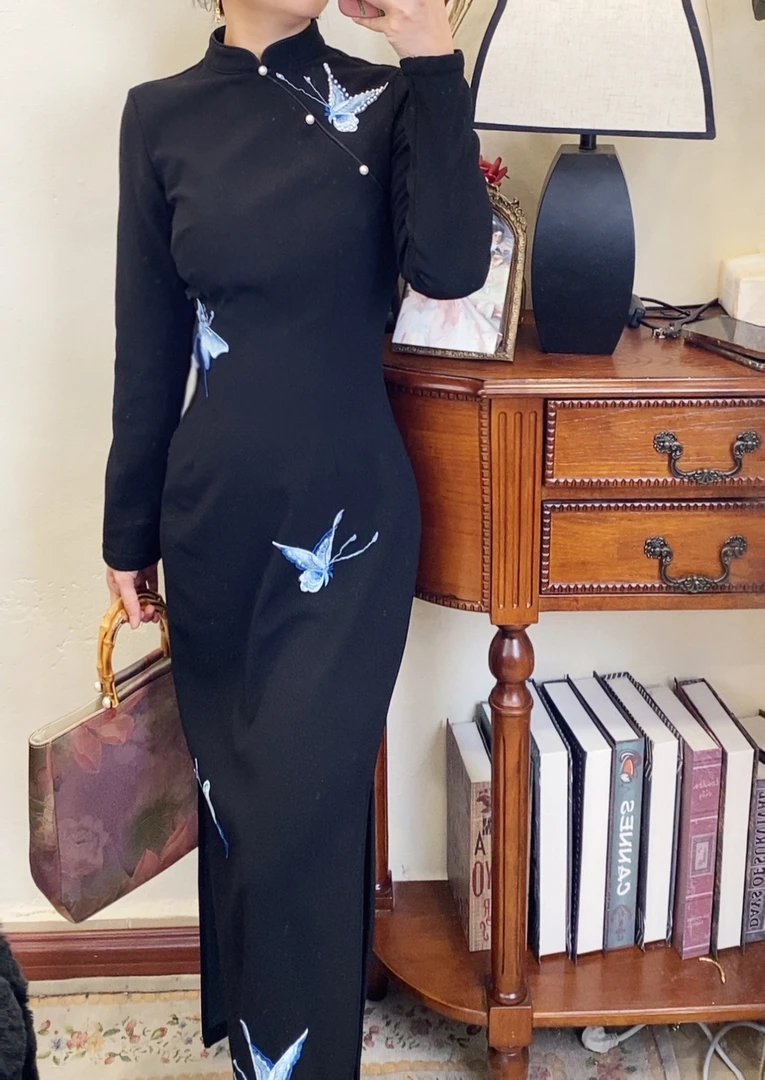 芳姐自制【加绒蓝蝶】厚款秋冬新中式国风黑色长袖复古气质改良旗袍