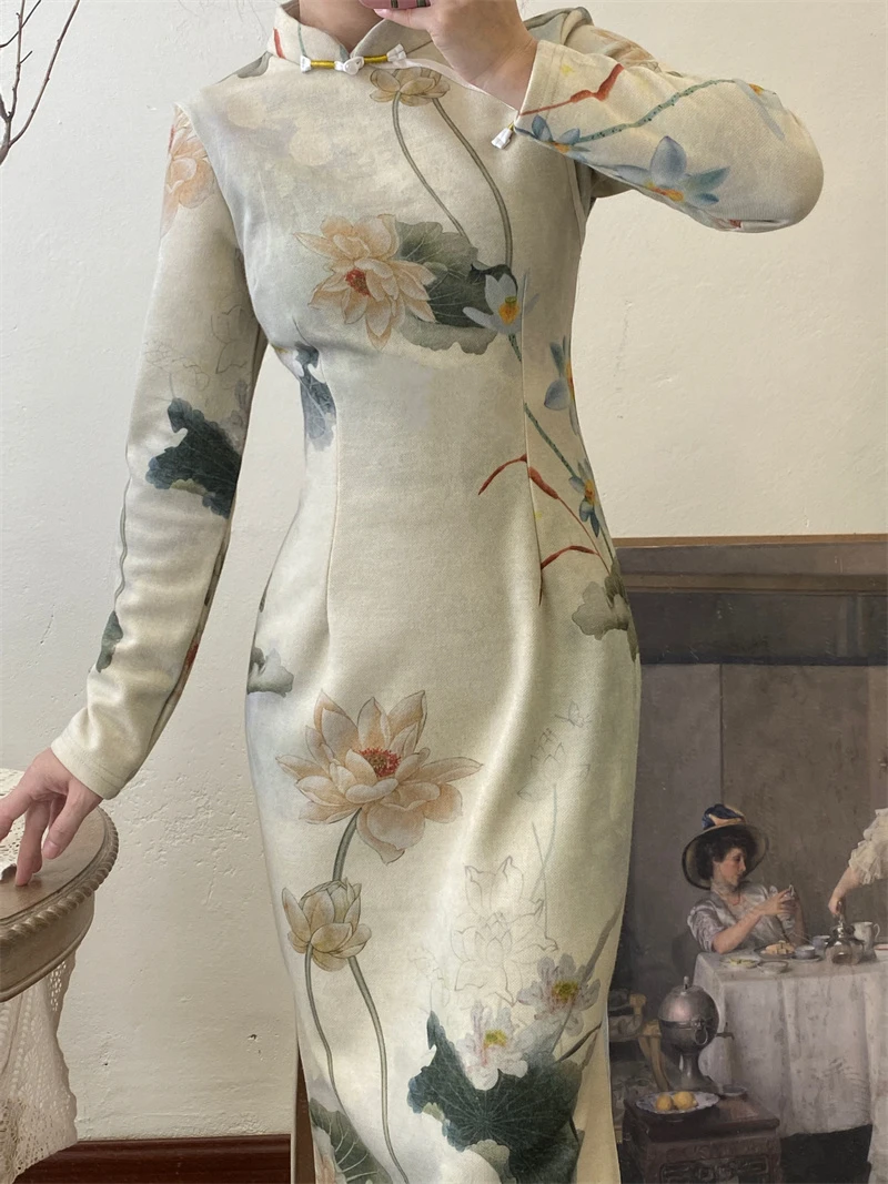 芳姐自制【好运莲莲】2023秋冬厚款复古国风改良旗袍长袖温婉连衣裙