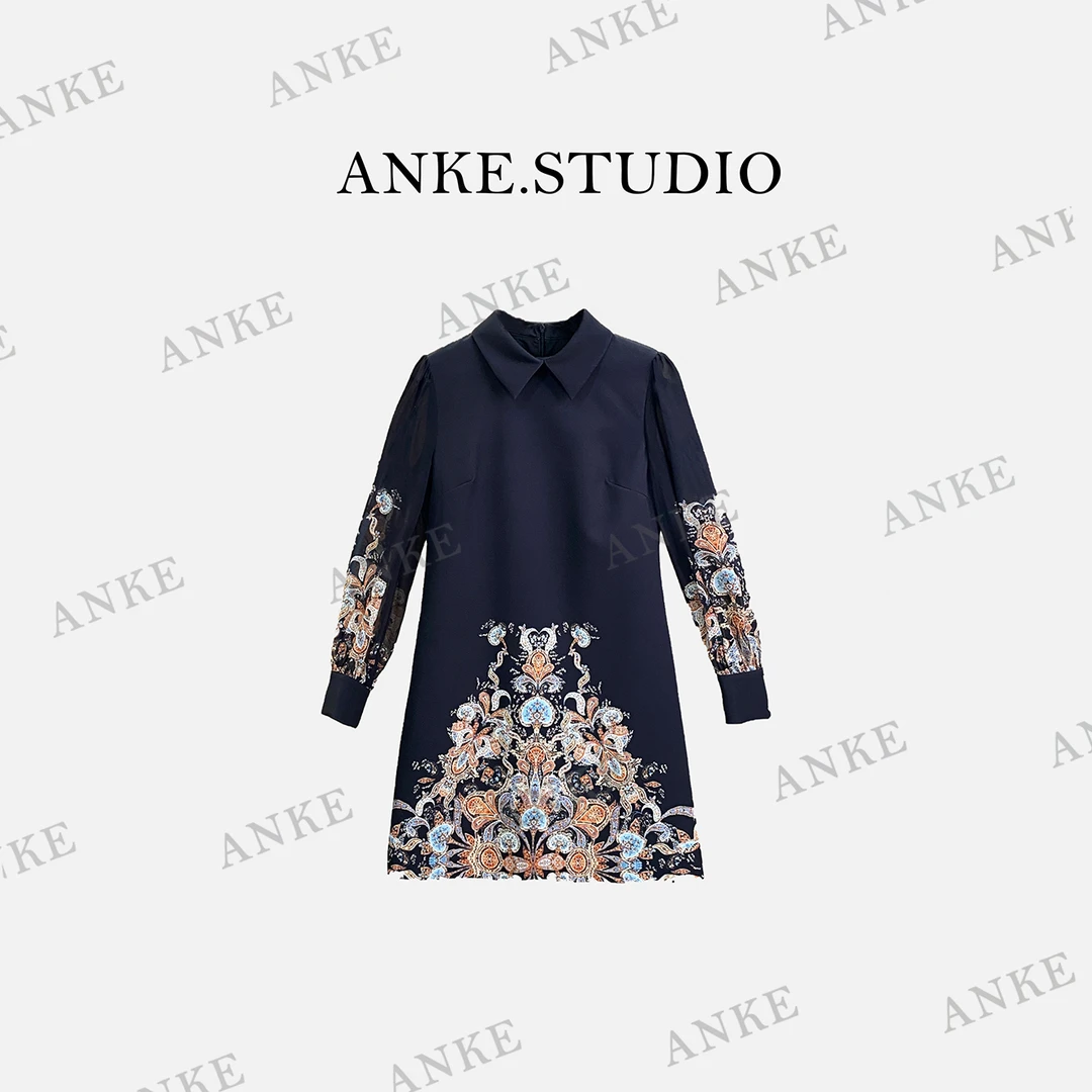 秋冬新中式轻奢复古时尚气质遮肉显瘦百搭印花灯笼袖打底连衣裙