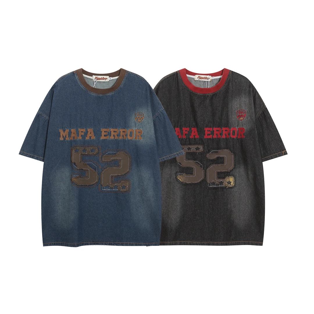 拼接个性美式复古潮牌扎染刺绣T恤男女oversize情侣宽松牛仔短袖