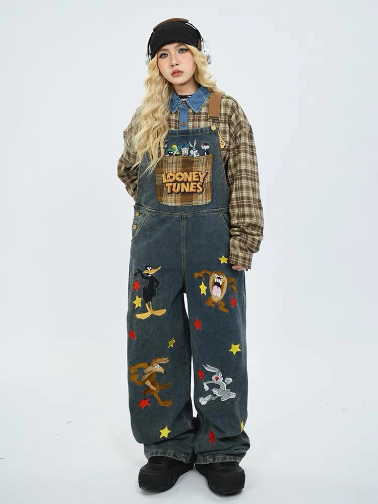 兔八哥卡通刺绣牛仔背带裤裤子max女-vintage秋冬新款宽松连体裤