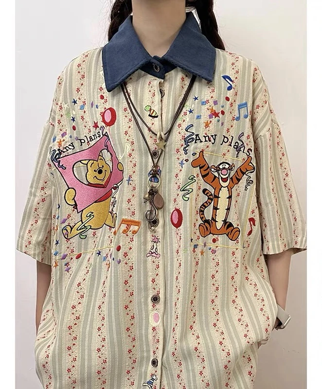 新款维尼小熊跳跳虎提花面料休闲百搭夏季复古小众宽松印花设计感