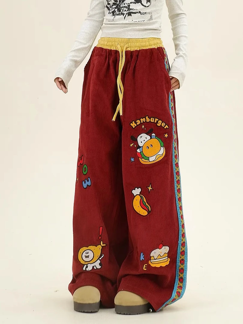 MX经典美式复古撞色趣味刺绣长裤男女宽松港风休闲百搭直筒裤bf