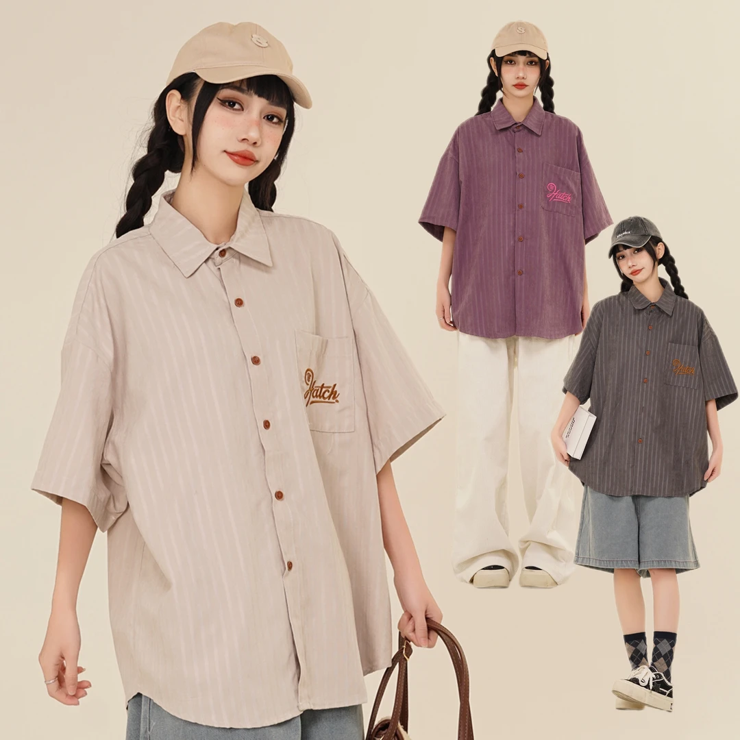 MXLL夏季港风刺绣条纹短袖衬衫男宽松百搭学生ins潮衬衣休闲上衣