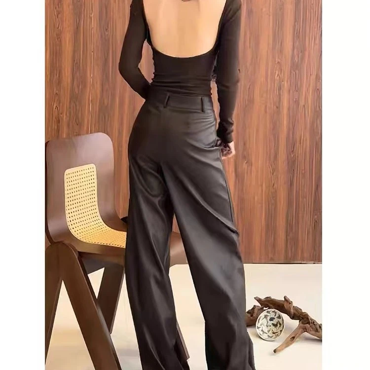 黑色宽松直筒皮裤女2025年春季新款美式高腰显瘦阔腿垂感拖地裤子