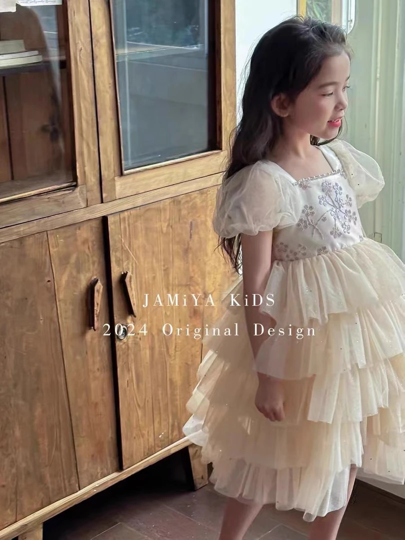 （主播给编码）夏杏色蓬蓬裙公主裙连衣裙网纱裙泡泡袖夏装礼服裙子