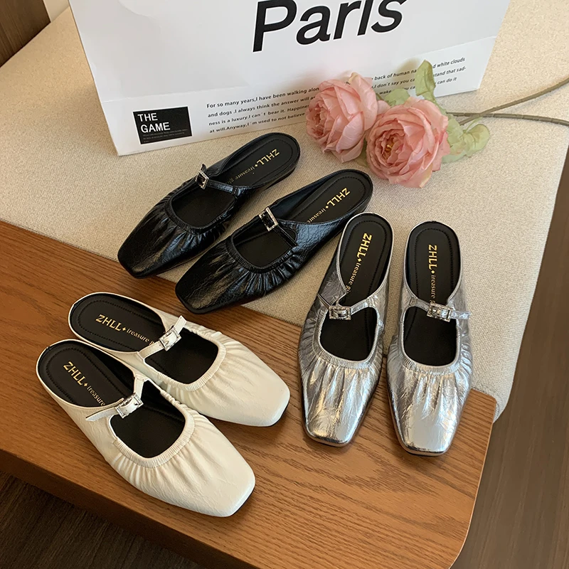 831-11(雄仔)包头半拖鞋女外穿银色单鞋软底穆勒鞋宽胖脚大码女鞋