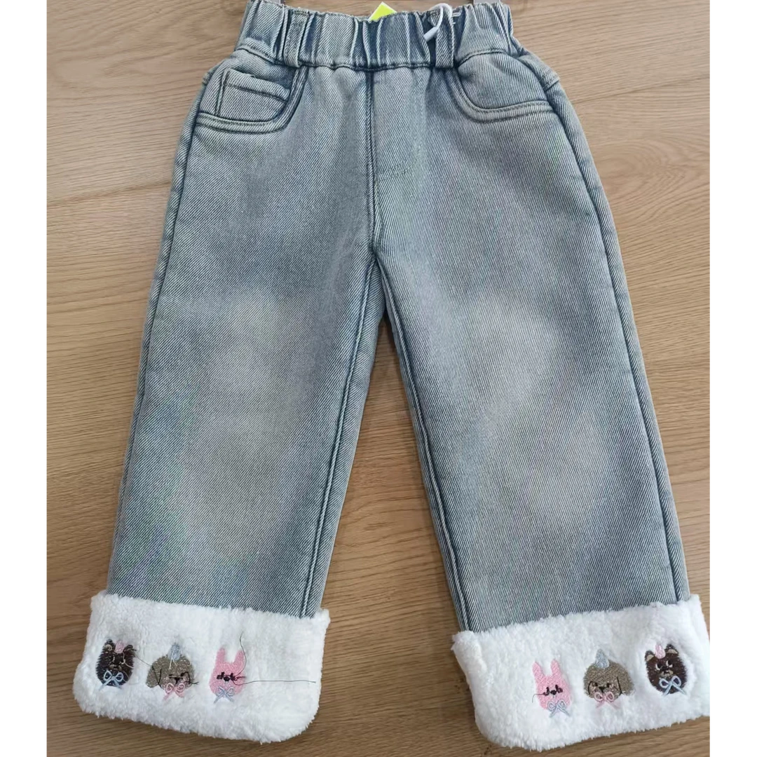 女童冬款羊羔毛高品重工刺绣可爱韩系卷边加绒2024牛仔裤