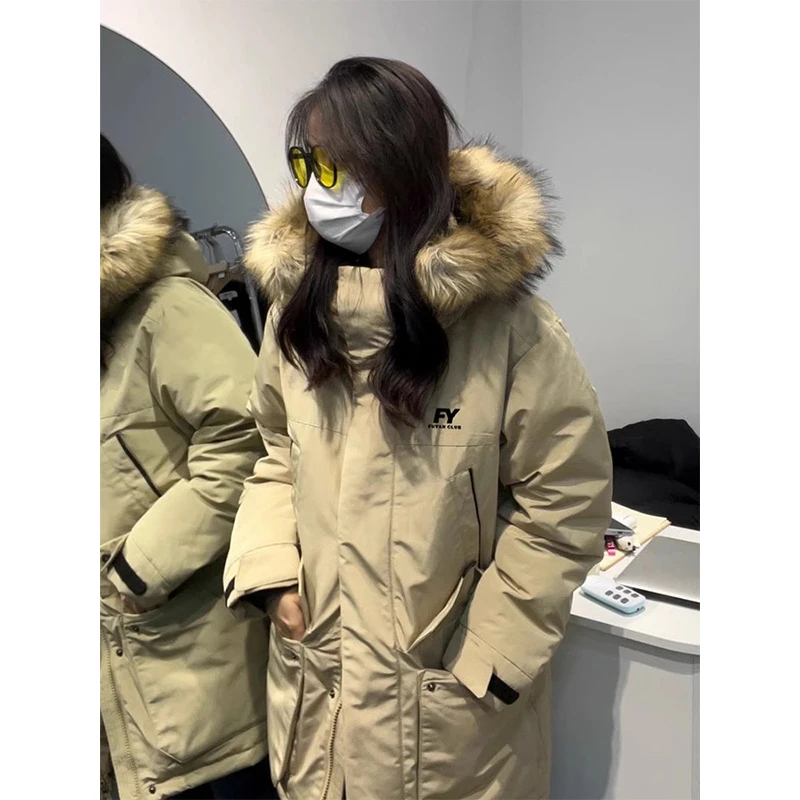 LDAB卡其色工装派克羽绒服女2024冬新款加厚设计感中长款棉服外套