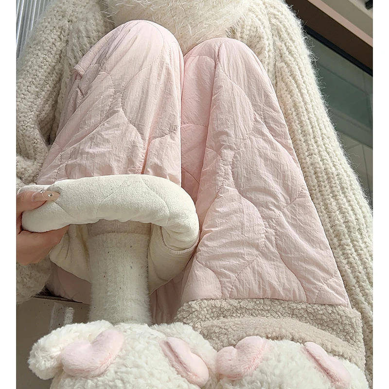 粉色防风棉裤女秋冬季2024新款休闲外穿保暖加绒裤子羊羔绒阔腿裤