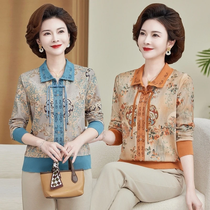 【90-180斤】新款妈妈装洋气上衣中年女装长袖T恤中老年人春秋翻领