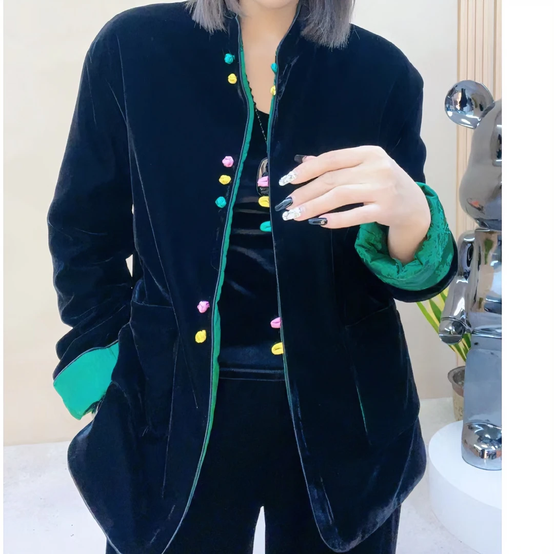 巍子原创时尚丝绒中国风薄棉玫瑰花扣外套101#