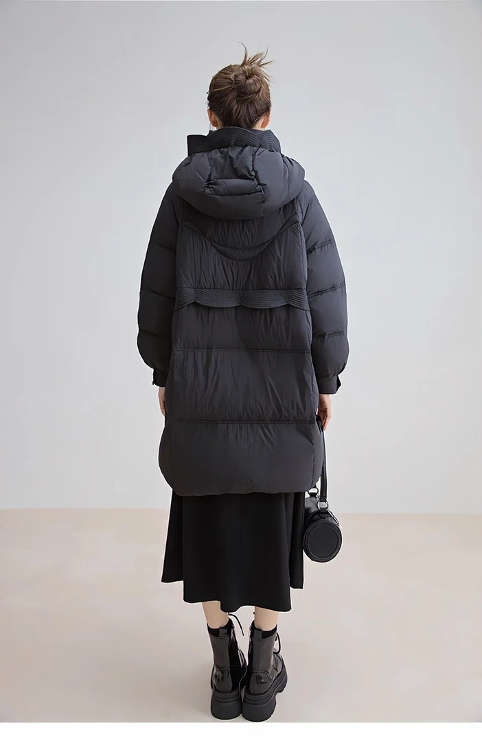 时尚中长款花边帽连帽羽绒服女士宽松保暖秋冬季休闲加厚百搭纯色