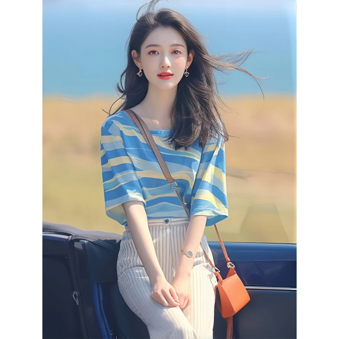 法芬图蓝色条纹正肩多巴胺短袖T恤设计感时尚时髦洋气上衣女2025