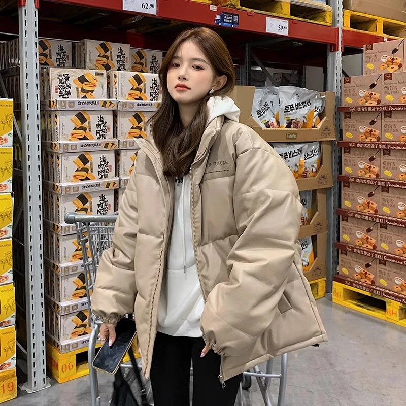 FARVENTOR/法芬图免洗PU皮棉服女中长款冬季夹克外套宽松加厚棉衣