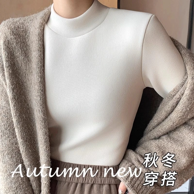 FARVENTOR/法芬图半高领修身针织打底衫加绒保暖女装秋冬长袖T恤