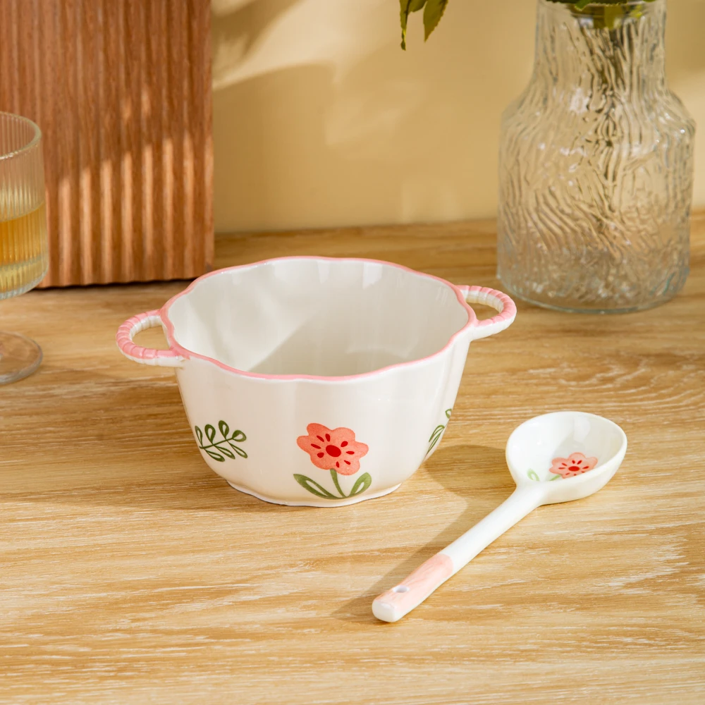 家用陶瓷餐具美二烧釉下彩四季花系列6英寸双耳花瓣碗带长柄勺子