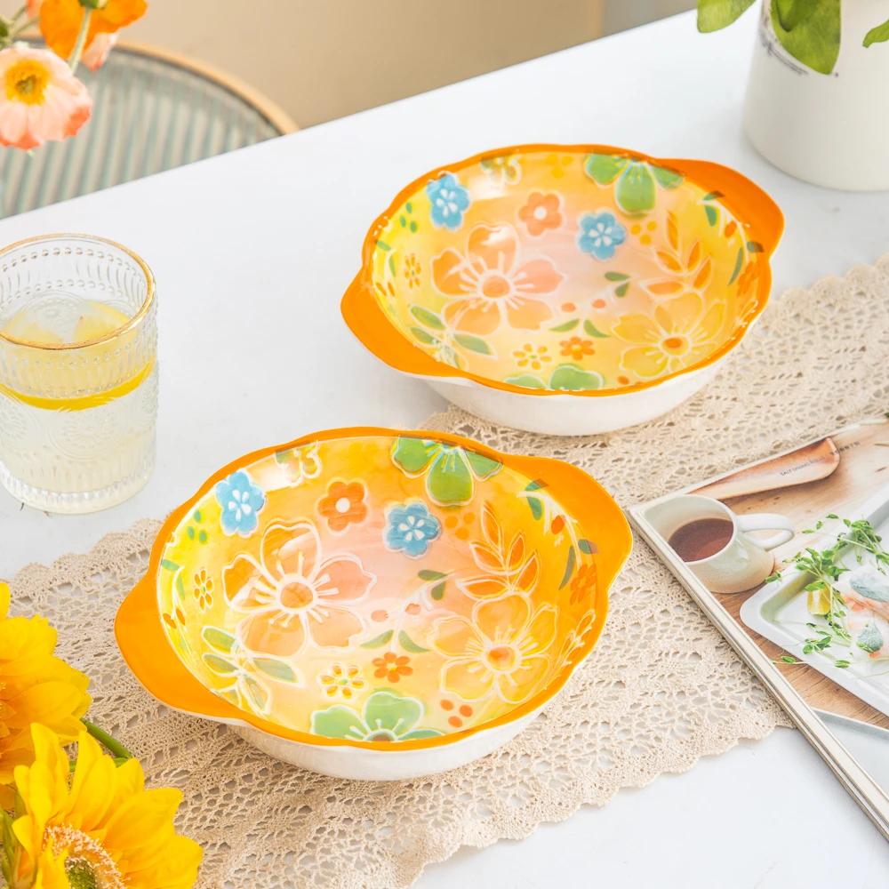 花漾年华系列清新可爱家用陶瓷餐具高颜值8英寸双耳反口汤碗面碗