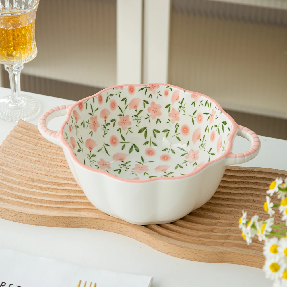 家用陶瓷餐具美二烧釉下彩桃花系列10英寸双耳南瓜型大汤碗