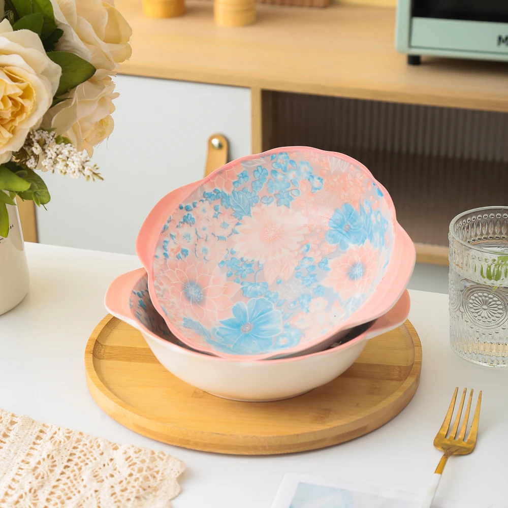 花海系列粉萌可爱高颜值家用陶瓷餐具8英寸双耳反口汤碗面碗