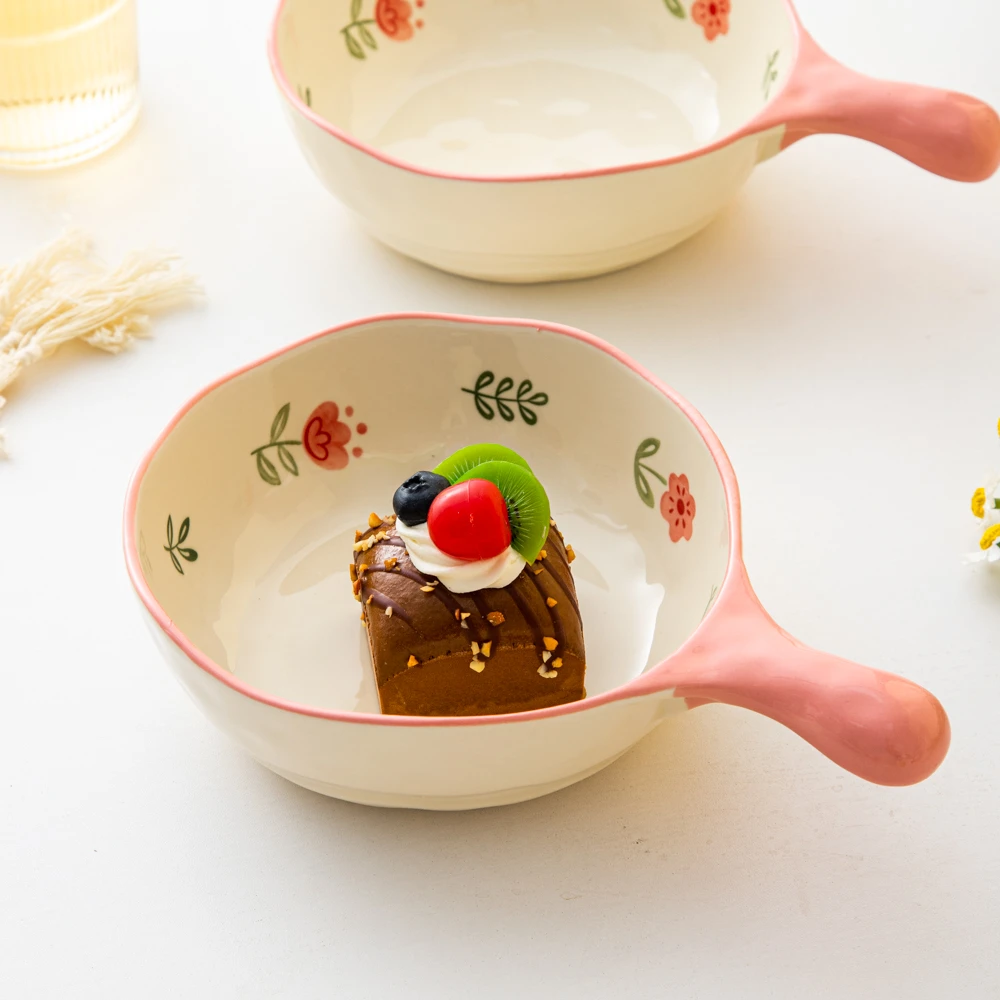 陶瓷餐具四季花异形石头纹手柄碗早餐碗甜品碗+勺子