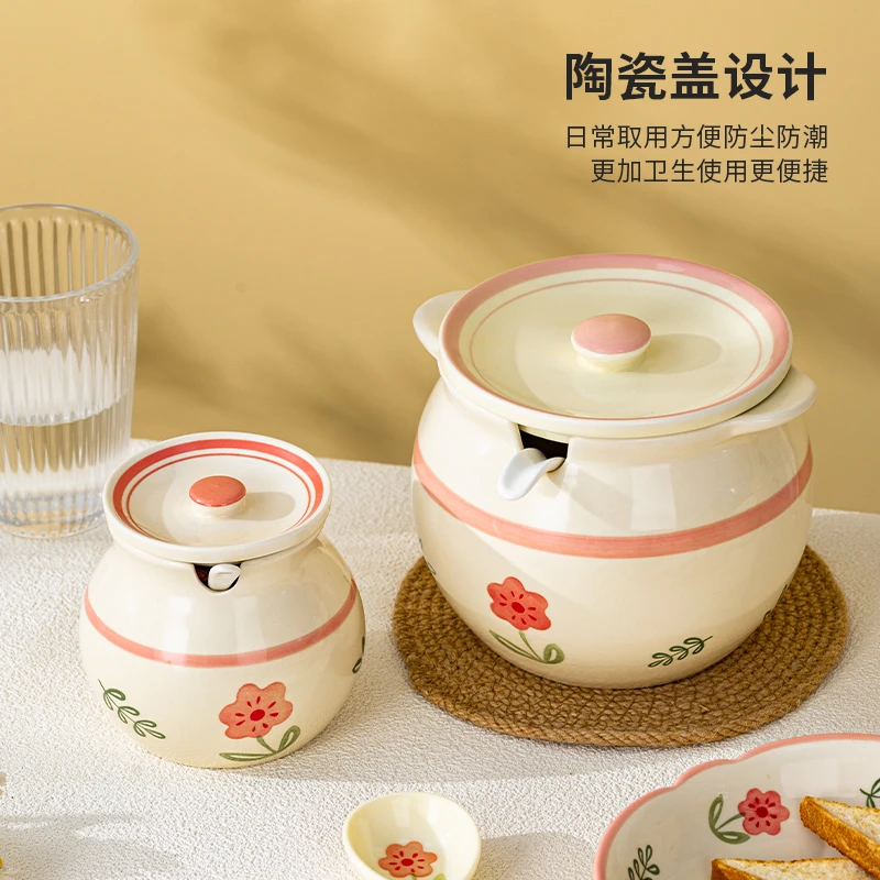 家用陶瓷耐高温高颜值四季花系列加厚厨房油泼辣子猪油罐储物罐