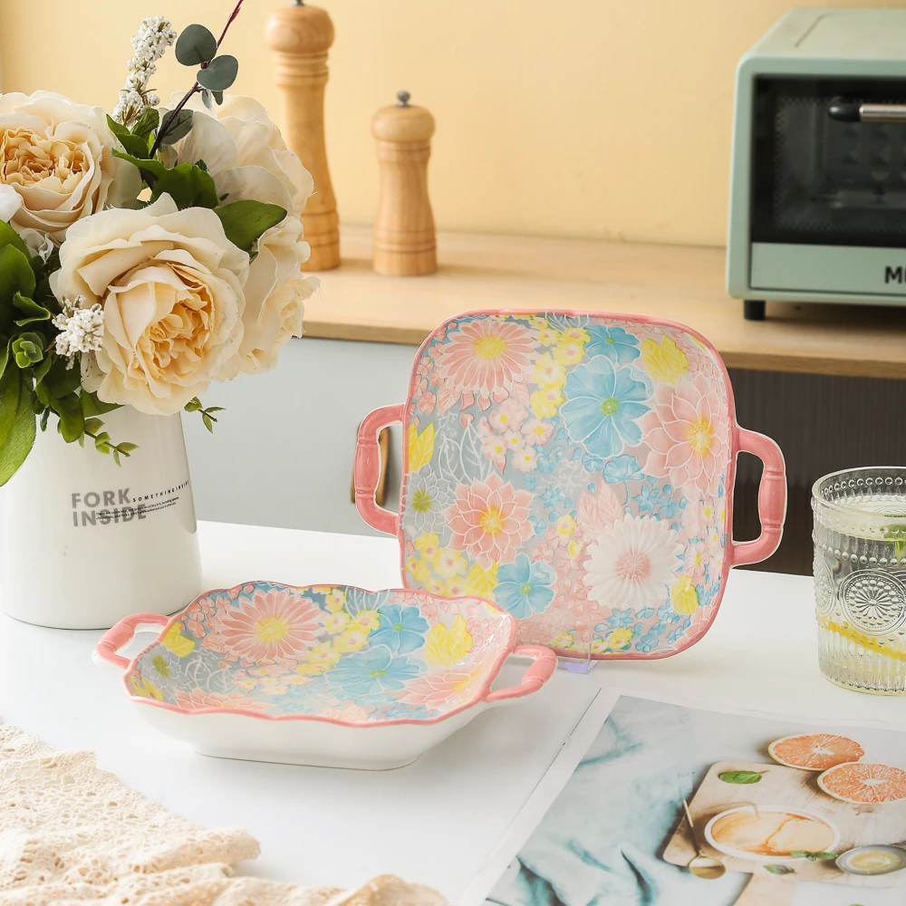 花海系列网红高颜值小清新家用陶瓷餐具9英寸双耳四方盘汤盘菜盘