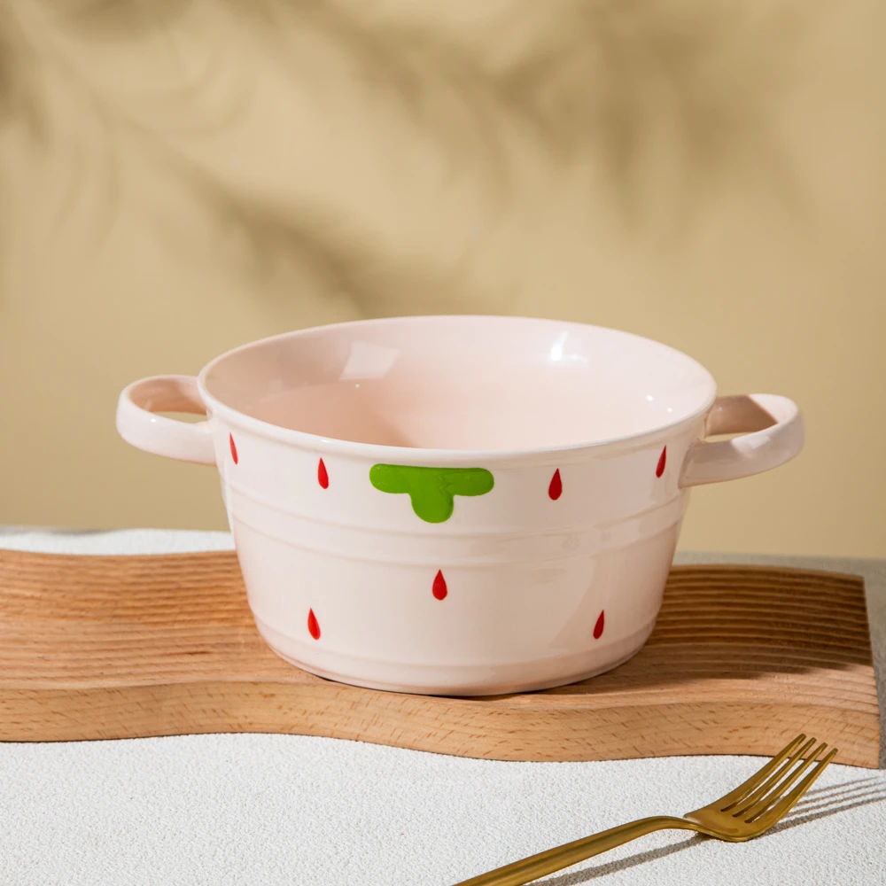 家用陶瓷餐具美二烧釉下彩粉草莓10.5英寸双耳线纹汤桶(1个装)