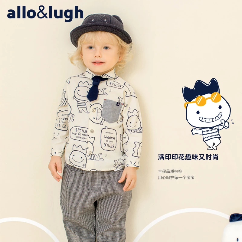 阿路和如2023春装男童多色衬衫满印纯色学院风简约百搭内含领结