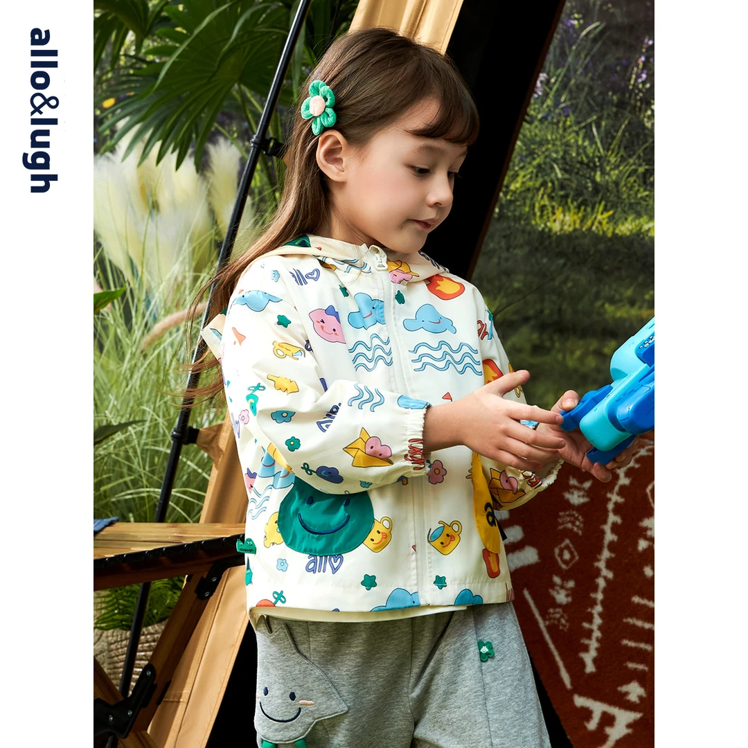 【露营系列】阿路和如春装新款女童休闲夹克防水外套印花连帽春秋