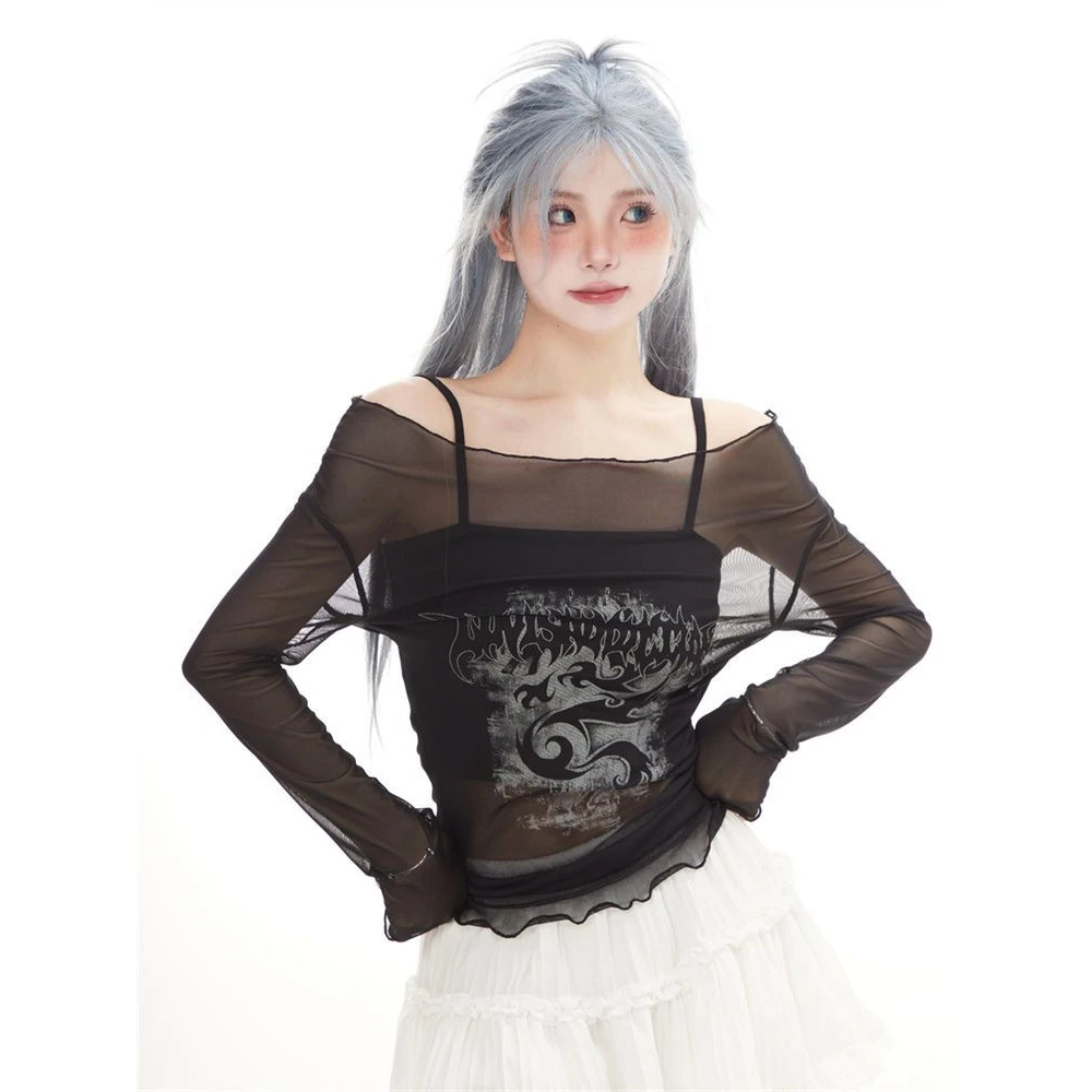 辣妹一字肩长袖T恤女秋季美式春秋显瘦防晒罩衫百搭网纱上衣女