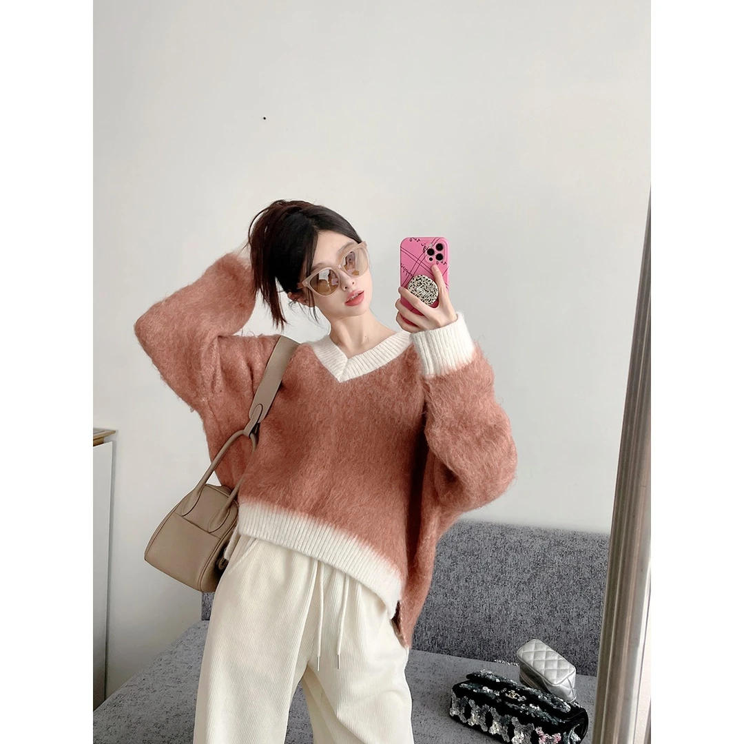 FORNIFORNI   榛子玛德琳 V领白边毛衣小众冬季设计感韩版百搭