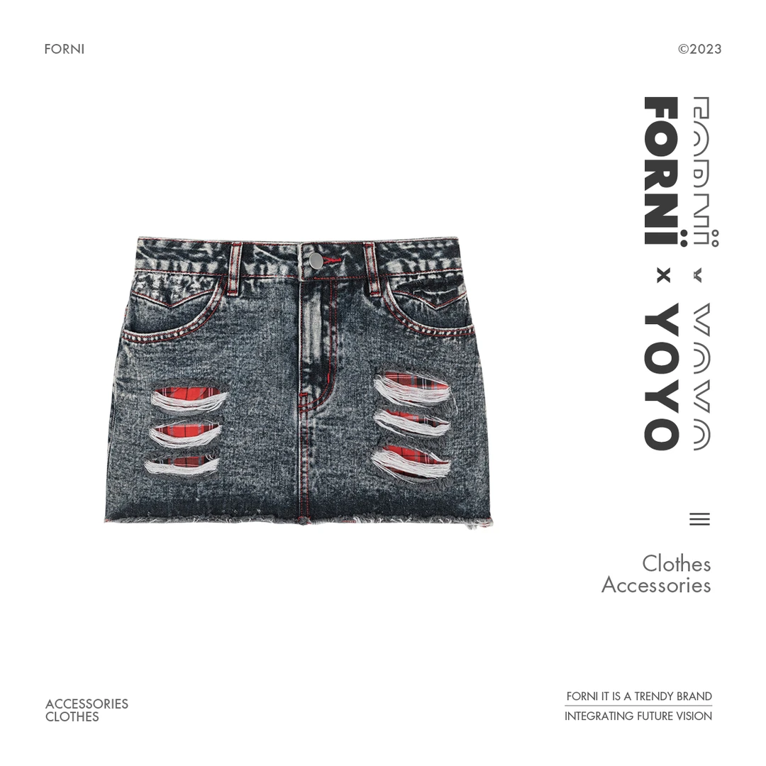 FORNI x YOYO  摇滚辣妹 时尚前沿磨破内里撞色牛仔半裙